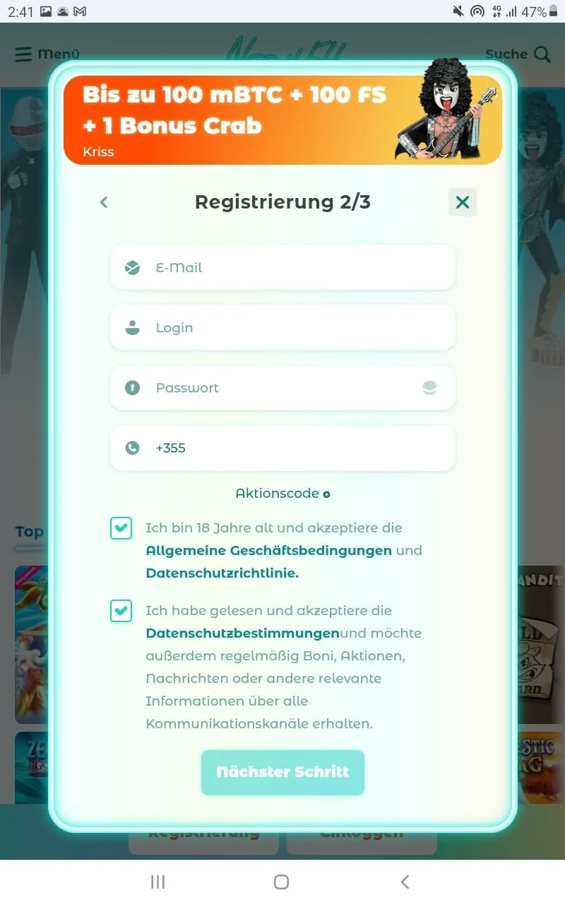 Neon54 App registierung